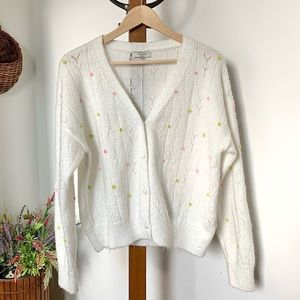 FRNCH Paris Fuzzy White Knit Floral Embroidered Cardigan  MED